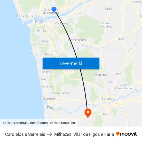 Cardielos e Serreleis to Milhazes, Vilar de Figos e Faria map