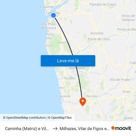 Caminha (Matriz) e Vilarelho to Milhazes, Vilar de Figos e Faria map