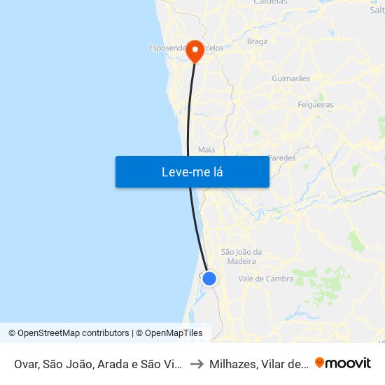 Ovar, São João, Arada e São Vicente de Pereira Jusã to Milhazes, Vilar de Figos e Faria map