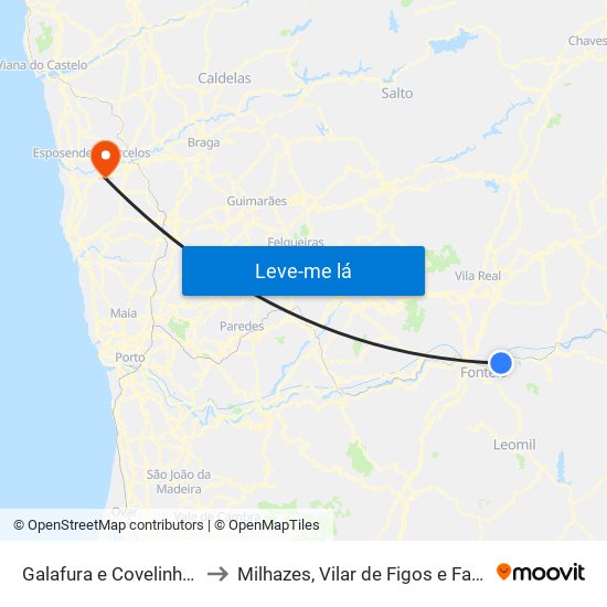 Galafura e Covelinhas to Milhazes, Vilar de Figos e Faria map