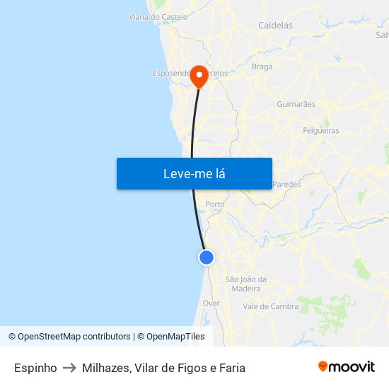 Espinho to Milhazes, Vilar de Figos e Faria map