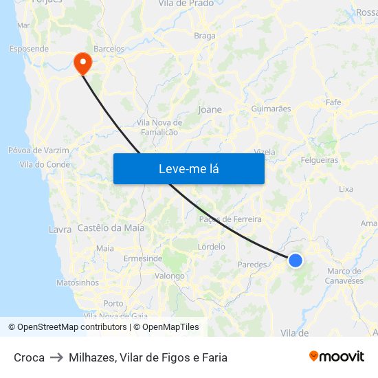 Croca to Milhazes, Vilar de Figos e Faria map