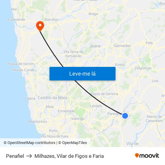 Penafiel to Milhazes, Vilar de Figos e Faria map