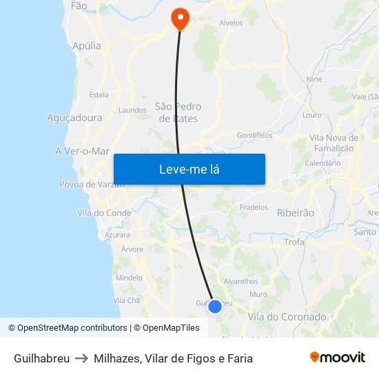 Guilhabreu to Milhazes, Vilar de Figos e Faria map