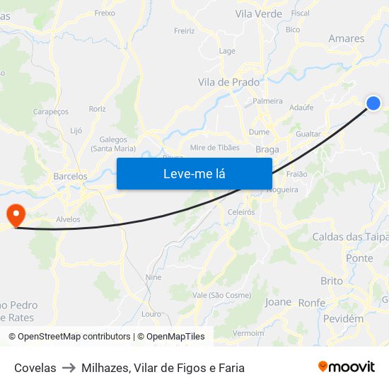 Covelas to Milhazes, Vilar de Figos e Faria map