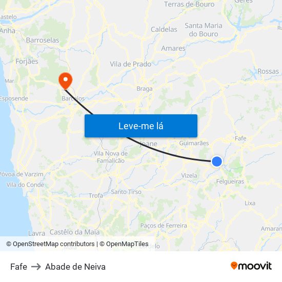 Fafe to Abade de Neiva map