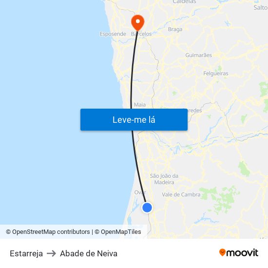 Estarreja to Abade de Neiva map