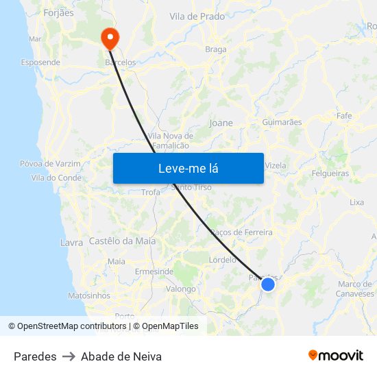 Paredes to Abade de Neiva map
