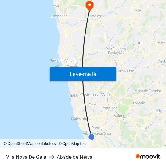 Vila Nova De Gaia to Abade de Neiva map