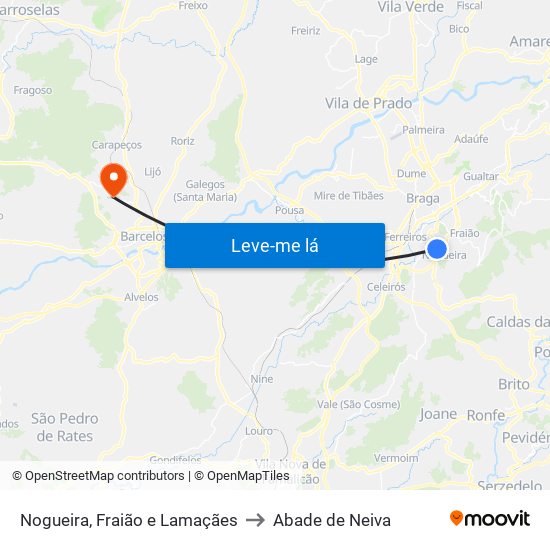 Nogueira, Fraião e Lamaçães to Abade de Neiva map