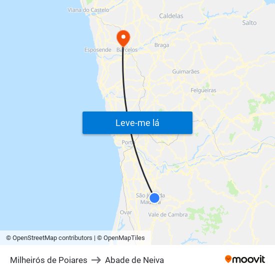 Milheirós de Poiares to Abade de Neiva map