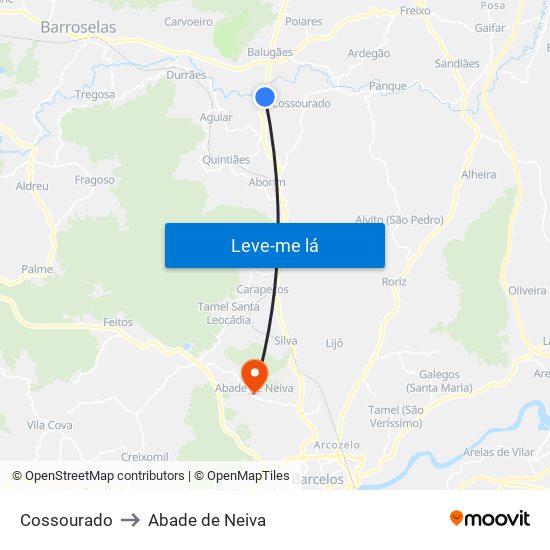 Cossourado to Abade de Neiva map