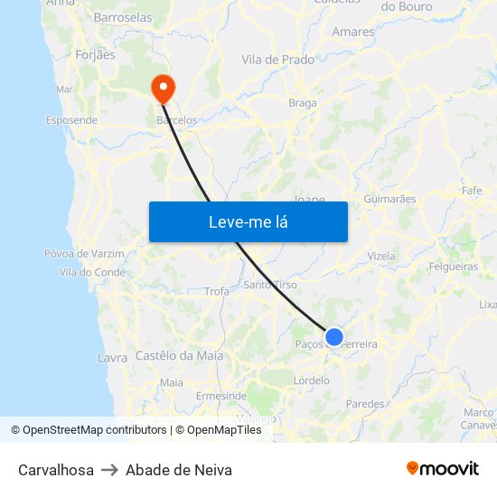 Carvalhosa to Abade de Neiva map