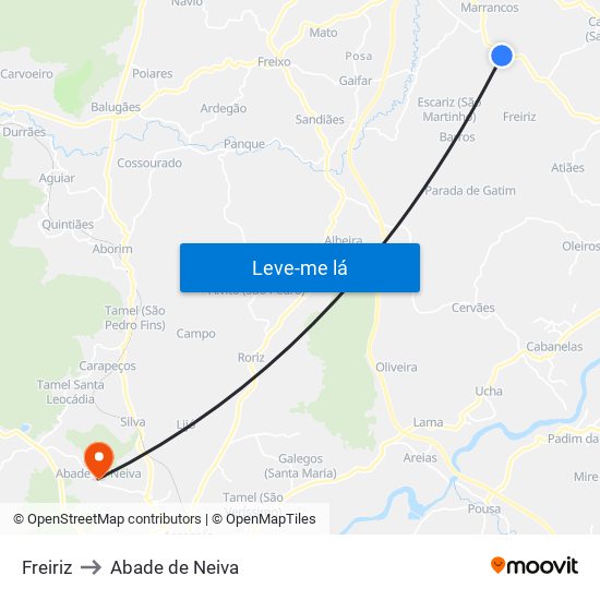 Freiriz to Abade de Neiva map