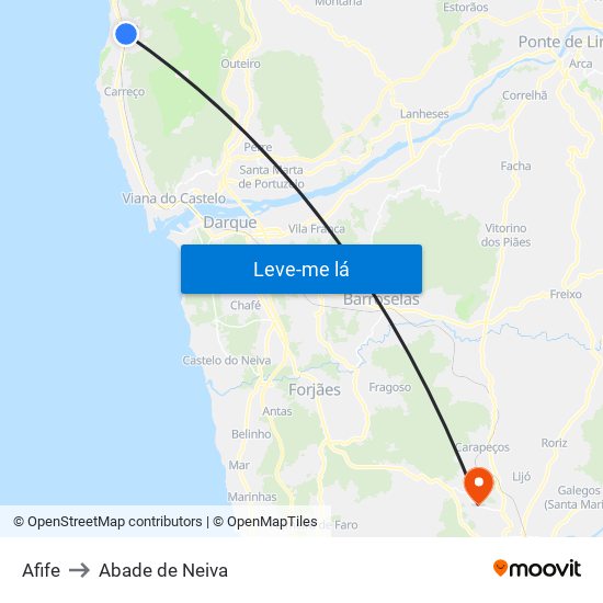 Afife to Abade de Neiva map