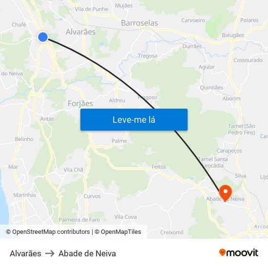 Alvarães to Abade de Neiva map