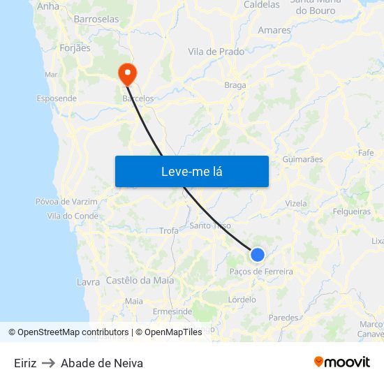 Eiriz to Abade de Neiva map