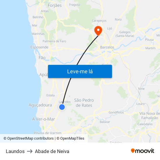 Laundos to Abade de Neiva map