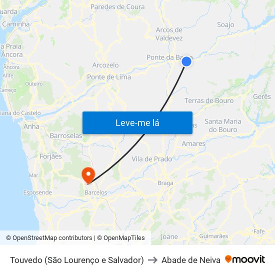 Touvedo (São Lourenço e Salvador) to Abade de Neiva map