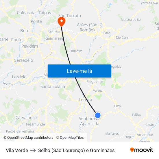 Vila Verde to Selho (São Lourenço) e Gominhães map