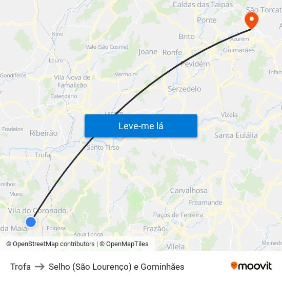 Trofa to Selho (São Lourenço) e Gominhães map