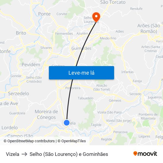 Vizela to Selho (São Lourenço) e Gominhães map