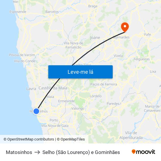 Matosinhos to Selho (São Lourenço) e Gominhães map