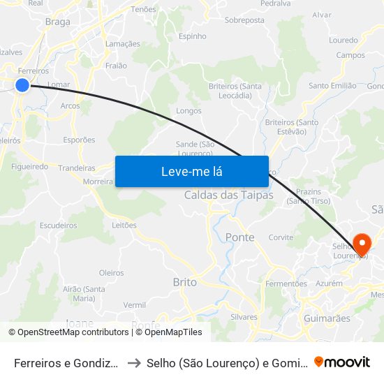 Ferreiros e Gondizalves to Selho (São Lourenço) e Gominhães map