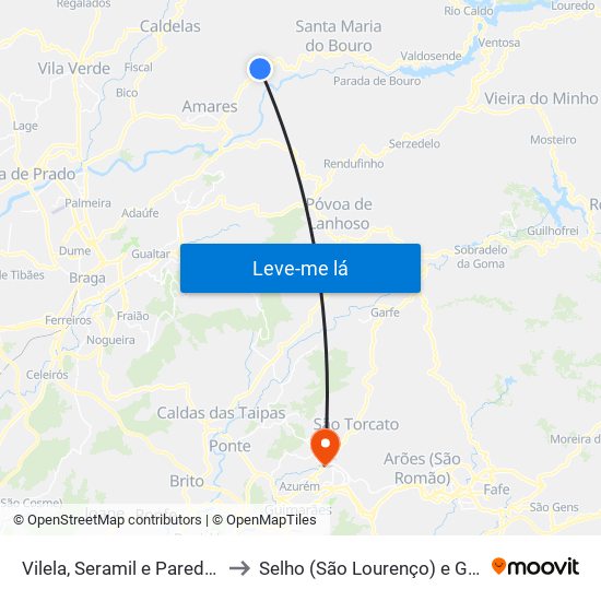 Vilela, Seramil e Paredes Secas to Selho (São Lourenço) e Gominhães map