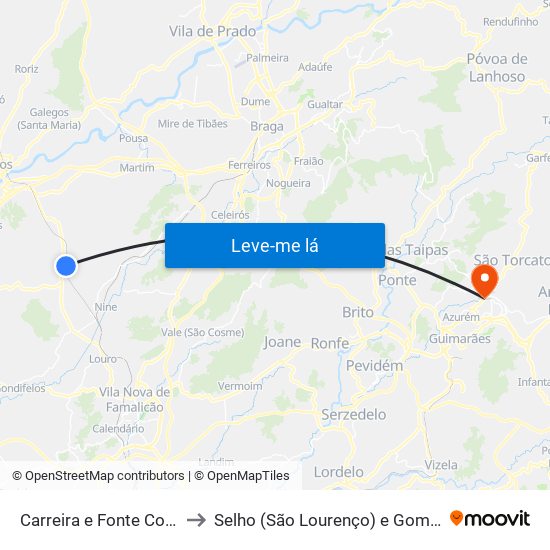 Carreira e Fonte Coberta to Selho (São Lourenço) e Gominhães map