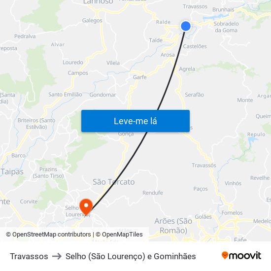 Travassos to Selho (São Lourenço) e Gominhães map