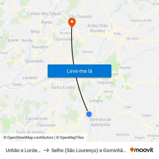 Unhão e Lordelo to Selho (São Lourenço) e Gominhães map