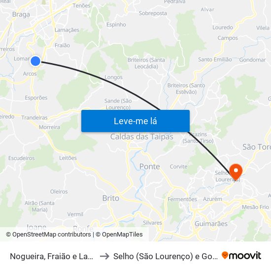 Nogueira, Fraião e Lamaçães to Selho (São Lourenço) e Gominhães map