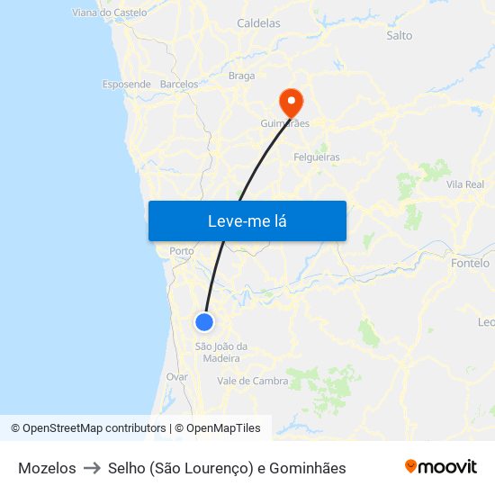Mozelos to Selho (São Lourenço) e Gominhães map