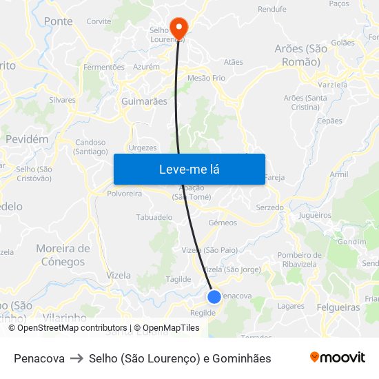 Penacova to Selho (São Lourenço) e Gominhães map