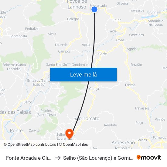 Fonte Arcada e Oliveira to Selho (São Lourenço) e Gominhães map