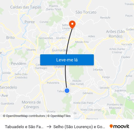 Tabuadelo e São Faustino to Selho (São Lourenço) e Gominhães map