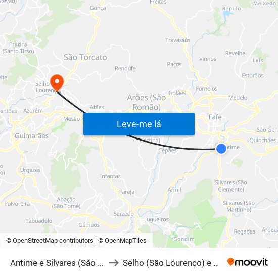 Antime e Silvares (São Clemente) to Selho (São Lourenço) e Gominhães map