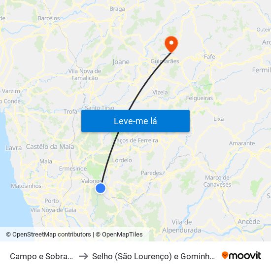 Campo e Sobrado to Selho (São Lourenço) e Gominhães map