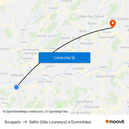 Bougado to Selho (São Lourenço) e Gominhães map