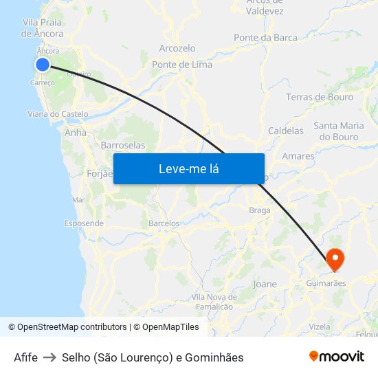 Afife to Selho (São Lourenço) e Gominhães map