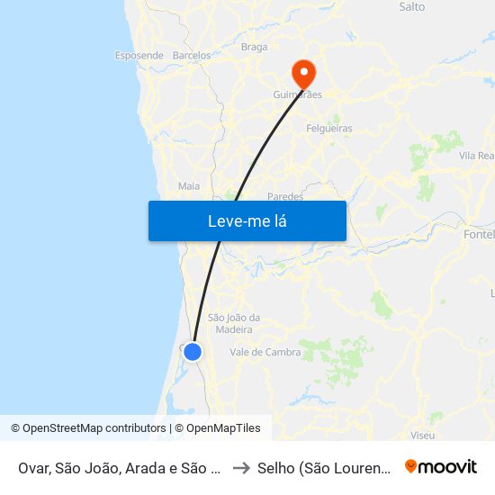 Ovar, São João, Arada e São Vicente de Pereira Jusã to Selho (São Lourenço) e Gominhães map