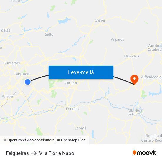 Felgueiras to Vila Flor e Nabo map