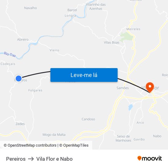 Pereiros to Vila Flor e Nabo map