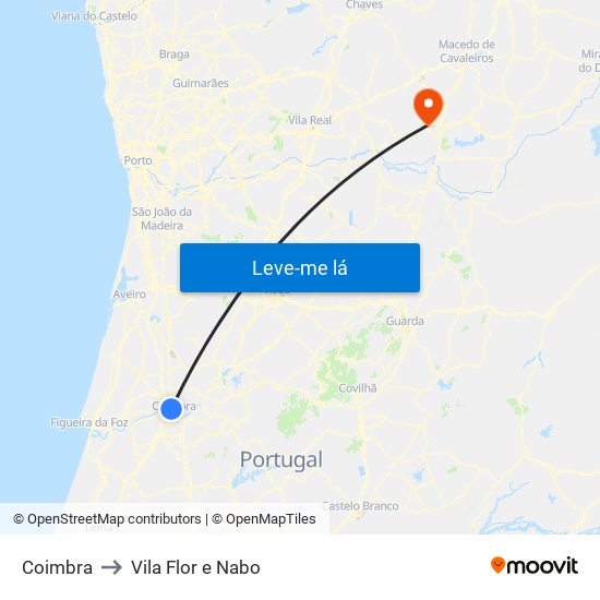 Coimbra to Vila Flor e Nabo map