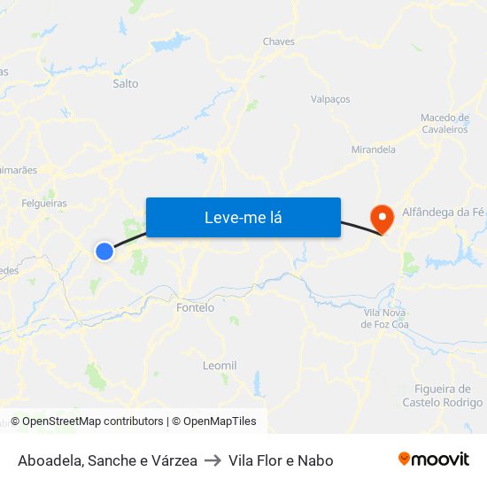 Aboadela, Sanche e Várzea to Vila Flor e Nabo map