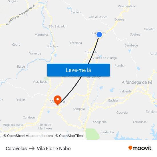 Caravelas to Vila Flor e Nabo map