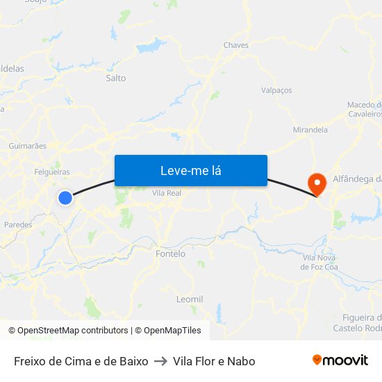 Freixo de Cima e de Baixo to Vila Flor e Nabo map