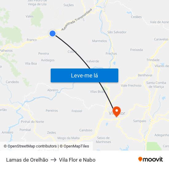 Lamas de Orelhão to Vila Flor e Nabo map