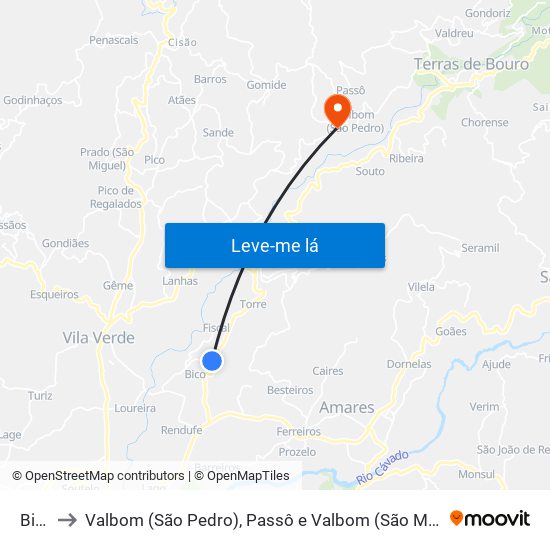 Bico to Valbom (São Pedro), Passô e Valbom (São Martinho) map